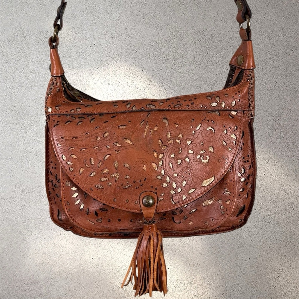 Patricia Nash Camila Italian Leather‎ Tassel Shoulder Bag Crossbody Laser Lace